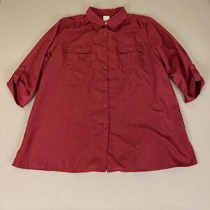 Roaman's Button Down Shirt Women's Plus Size 1X‎ Burgundy Roll Tab Sleeve *